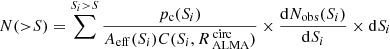 $$ \begin{aligned} N({>}S) = \sum ^{S_i>S} \frac{p_{\rm c}(S_i)}{A_{\rm eff}(S_i)C(S_i,R_{\text{ ALMA}}^{\text{ circ}})}\times \frac{\mathrm{d}N_{\rm obs}(S_i)}{\mathrm{d}S_i}\times \mathrm{d}S_i \end{aligned} $$