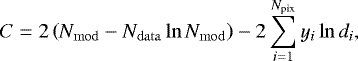 \begin{equation*}C=2 \left(N_{\mathrm{mod}} - N_{\mathrm{data}}\ln{N_{\mathrm{mod}}} \right) - 2\sum_{i = 1}^{N_{\textrm{pix}}} y_i\ln{d_i}, \end{equation*}