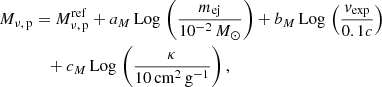$$ \begin{aligned} M_{\nu ,\,\mathrm{p}}&=M_{\nu ,\,\mathrm{p}}^\mathrm{ref}+a_M\,\mathrm{Log}\,\left({m_{\rm ej}\over 10^{-2}\,M_{\odot }}\right)+b_M\, \mathrm{Log}\,\left({v_{\rm exp}\over 0.1c}\right)\nonumber \\&\quad +c_M\,\mathrm{Log}\,\left({\kappa \over 10\,\mathrm{cm}^2\,\mathrm{g}^{-1}}\right), \end{aligned} $$