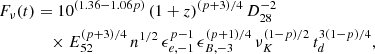 $$ \begin{aligned} F_\nu (t)&=10^{(1.36-1.06p)}\,(1+z)^{(p+3)/4}\,D_{28}^{-2}\,\nonumber \\&\quad \times E_{52}^{(p+3)/4}\,n^{1/2}\,\epsilon _{e,-1}^{p-1}\,\epsilon _{B,-3}^{(p+1)/4}\,\nu _K^{(1-p)/2}\,t_d^{3(1-p)/4}, \end{aligned} $$