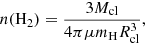 $$ \begin{aligned} n(\mathrm{H}_{2}) = \frac{3 M_{\rm cl}}{4 \pi \mu m_{\rm H} R_{\rm cl}^{3}}, \end{aligned} $$