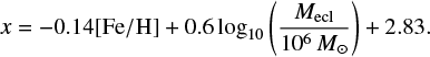 $ \begin{equation} x = -0.14\mathrm{[Fe/H]}+0.6\log_{10}{\left(\frac{M_{\rm ecl}}{10^6 M_{\odot}}\right)}+2.83. \label{eq:MKrel2} \end{equation} $