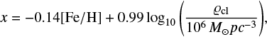 $ \begin{equation} x = -0.14\mathrm{[Fe/H]}+0.99\log_{10}{\left(\frac{{\varrho}_{\rm cl}}{10^6 M_{\odot}pc^{-3}}\right)}, \label{eq:MKrel} \end{equation} $
