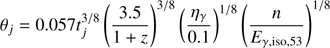 $$ \begin{aligned} \theta _j=0.057t_j^{3/8}\left(\frac{3.5}{1+z}\right)^{3/8}\left(\frac{\eta _\gamma }{0.1}\right)^{1/8}\left(\frac{n}{E_{\gamma ,\mathrm{iso},53}}\right)^{1/8} \end{aligned} $$