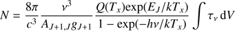 $$ \begin{aligned} N=\frac{8\pi }{c^3}\frac{\nu ^3}{A_{J+1,J}{ g}_{J+1}}\frac{Q(T_x)\mathrm{exp}(E_J/kT_x)}{1-\mathrm{exp}(-h\nu /kT_x)}\int \tau _{\nu }\,\mathrm{d}V \end{aligned} $$