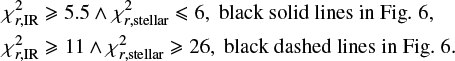$ \begin{align} \label{eq:EB} &\chi^2_{r,{\rm IR}}\geqslant 5.5 \wedge \chi^2_{r,{\rm stellar}}\leqslant 6, \text{ black solid lines in Fig.~6}, \\ \nonumber &\chi^2_{r,{\rm IR}}\geqslant 11 \wedge \chi^2_{r,{\rm stellar}}\geqslant26, \text{ black dashed lines in Fig.~6.} \end{align} $