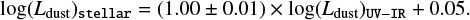 $ {\rm{log}}{({L_{{\rm{dust}}}})_{stellar}} = (1.00 \pm 0.01) \times {\rm{log}}{({L_{{\rm{dust}}}})_{UV - IR}} + 0.05. $