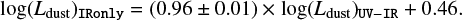 $ {\rm{log}}{({L_{{\rm{dust}}}})_{IRonly}} = (0.96 \pm 0.01) \times {\rm{log}}{({L_{{\rm{dust}}}})_{UV - IR}} + 0.46. $