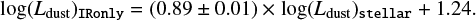 $ {\rm{log}}{({L_{{\rm{dust}}}})_{IRonly}} = (0.89 \pm 0.01) \times {\rm{log}}{({L_{{\rm{dust}}}})_{stellar}} + 1.24. $