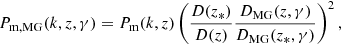 $$ \begin{aligned} P_{\rm m,MG}(k,z,\gamma ) = P_{\rm m}(k,z) \left(\frac{D(z_*)}{D(z)} \frac{D_{\rm MG}(z,\gamma )}{D_{\rm MG}(z_*,\gamma )} \right)^2 , \end{aligned} $$