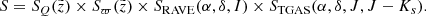 $$ \begin{aligned} S = S_{Q}(\tilde{z}) \times S_{\varpi }(\tilde{z}) \times S_{\mathrm{RAVE} }(\alpha ,\delta ,I) \times S_{\mathrm{TGAS} }(\alpha ,\delta ,J,J-K_s). \end{aligned} $$