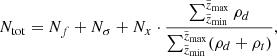 $$ \begin{aligned} N_{\rm tot} = N_{f} + N_{\sigma } + N_{x} \cdot \frac{ \sum _{\tilde{z}_{\rm min}}^{\tilde{z}_{\rm max}} \rho _d}{\sum _{\tilde{z}_{\rm min}}^{\tilde{z}_{\rm max}} (\rho _d+\rho _t)}, \end{aligned} $$