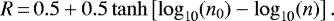 \begin{equation*} R \,{=}\, 0.5 &#x002B; 0.5 \tanh \left[ \log_{\textrm{10}}(n_0)-\log_{\textrm{10}}(n) \right]. \end{equation*}