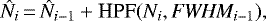 \begin{equation*} {\hat N_i} \,{=}\, {\hat N}_{i-1} &#x002B; \textrm{HPF}(N_i, \textit{FWHM}_{i-1}), \end{equation*}