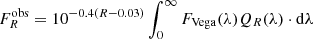 $$ \begin{aligned} F_{R}^\mathrm{obs}=10^{-0.4(R-0.03)}\int _0^{\infty }F_{\rm Vega}(\lambda )Q_R(\lambda )\cdot \mathrm{d}\lambda \end{aligned} $$