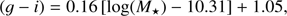 $$ \begin{aligned} (g - i) = 0.16\,[{\mathrm{log}}(M_{\star })-10.31]+1.05, \end{aligned} $$