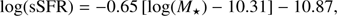 $$ \begin{aligned} {\mathrm{log(sSFR)}} = -0.65\,[{\mathrm{log}}(M_{\star })-10.31]-10.87, \end{aligned} $$