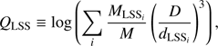 $$ \begin{aligned} Q_{\rm LSS} \equiv \mathrm{log} \left(\sum _i {\frac{M_{\mathrm{LSS}_i}}{M}} \left(\frac{D}{d_{\mathrm{LSS}_i}}\right)^3\right), \end{aligned} $$