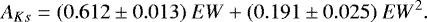 \begin{equation*} A_{Ks} = (0.612 \pm 0.013)\ {EW} &#x002B; (0.191 \pm 0.025)\ {EW^{2}}.\vspace*{-1pt}\end{equation*}