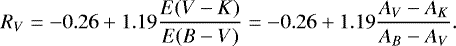 \begin{equation*} R_V = -0.26 &#x002B; 1.19\frac{E(V-K)}{E(B-V)}=-0.26 &#x002B; 1.19\frac{A_V-A_K}{A_B-A_V}.\end{equation*}