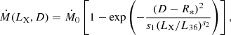 $$ \begin{aligned} \dot{M}({L_{\rm X}},D)=\dot{M}_0\left[1-\exp \left(-\frac{\left(D-R_*\right)^2}{s_1({L_{\rm X}}/L_{36})^{s_2}}\right)\right], \end{aligned} $$
