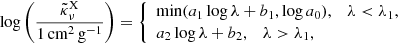 $$ \begin{aligned} \log \left(\frac{{\tilde{\kappa }}_{\nu }^{\text{X}}}{1\,\text{cm}^2\,\text{g}^{-1}}\right)= \left\{\begin{array}{l} \min (a_1\log \lambda +b_1,\log a_0), \quad \lambda <\lambda _1,\\ a_2\log \lambda +b_2,\quad \lambda >\lambda _1,\\ \end{array}\right. \end{aligned} $$