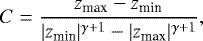 \[ C=\frac{z_{\textrm{max}}-z_{\textrm{min}}}{|z_{\textrm{min}}|^{\gamma&#x002B;1}-|z_{\textrm{max}}|^{\gamma&#x002B;1}}, \]