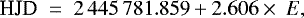 \begin{equation*}\textrm{HJD} \;=\; 2\,445\,781.859 &#x002B; 2.606 \times\ E, \end{equation*}