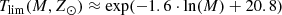 $$ \begin{aligned} T_{\rm lim}(M,Z_{\odot }) \approx \mathrm{exp}(-1.6 \cdot \mathrm{ln}(M)+20.8) \end{aligned} $$
