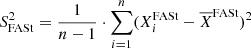 $$ \begin{aligned} S^2_{\rm FASt}=\frac{1}{n-1} \cdot \sum _{i=1}^n (X^\mathrm{FASt}_i-\overline{X}^\mathrm{FASt})^2 \end{aligned} $$