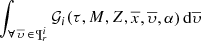 $ \int_{\forall \, \overline{\upsilon} \, \in \, \P^i_{r}} {\mathcal{G}}_i(\tau,M,Z,\overline{x},\overline{\upsilon},\alpha)\,\mathrm{d}\overline{\upsilon} $