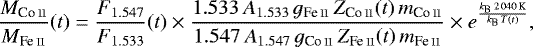 \begin{equation*} \frac{M_{\ion{Co}{II}}}{M_{\ion{Fe}{II}}}{\left(t\right)} = \frac{F_{1.547}}{F_{1.533}}{\left(t\right)} \times \frac{1.533\,A_{1.533}\,g_{\ion{Fe}{II}}\,Z_{\ion{Co}{II}}{\left(t\right)}\,m_{\ion{Co}{II}}}{1.547\,A_{1.547}\,g_{\ion{Co}{II}}\,Z_{\ion{Fe}{II}}{\left(t\right)}\,m_{\ion{Fe}{II}}}\times e^{\frac{k_{\text{B}}\,2\,040\,\text{K}}{k_{\text{B}}\,T{\left(t\right)}}},\end{equation*}