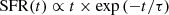 $$ \begin{aligned} \mathrm{SFR}(t) \propto t \times \exp {(-t/\tau )} \end{aligned} $$