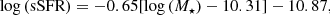 $$ \log{(\text{sSFR})}=-0.65{\lbrack\log{(M_\star)}-10.31\rbrack}-10.87, $$