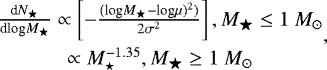 \begin{equation*} \begin{matrix} \hspace*{-10pt}& \frac{\textrm{d}N_{\bigstar }}{\textrm{d}\textrm{log}M_{\bigstar }}\propto \left [ -\frac{(\textrm{log}M_{\bigstar }-\textrm{log}\mu)^{2})}{2\sigma ^{2}} \right ], M_{\bigstar }\leq {1\ M_{\odot}}\\[7pt] \hspace*{-10pt}& \propto M_{\star }^{-1.35}, M_{\bigstar }\geq {1\ M_{\odot}} \end{matrix} ,\end{equation*}