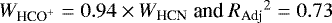 $W_{\textrm{HCO}^{&#x002B;}}=0.94\times W_{\textrm{HCN}} \text{ and}\ {R_{\textrm{Adj}}}^{2}=0.73$