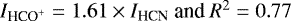 $I_{\textrm{HCO}^{&#x002B;}}=1.61\times I_{\textrm{HCN}} \text{ and}\ {R}^{2}=0.77$