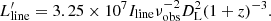 $$ \begin{aligned} L^{\prime }_{\rm line} = 3.25 \times 10^{7} I_{\rm line} \nu _{\rm obs}^{-2} D_{\rm L}^2 (1+z)^{-3}. \end{aligned} $$