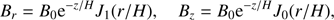 $$ \begin{aligned} B_r = B_0 {\mathrm{e}}^{-z/H} J_1(r/H), \quad B_z = B_0 {\mathrm{e}}^{-z/H} J_0(r/H), \end{aligned} $$
