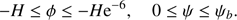 $$ \begin{aligned} -H \le \phi \le -H{\mathrm{e}}^{-6}, \quad 0 \le \psi \le \psi _b. \end{aligned} $$