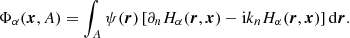 $$ \begin{aligned} \Phi _\alpha (\boldsymbol{x}, A) = \int _{A} \psi (\boldsymbol{r}) \left[\partial _n H_\alpha (\boldsymbol{r}, \boldsymbol{x}) - \mathrm{i}k_n H_\alpha (\boldsymbol{r}, \boldsymbol{x})\right] \mathrm{d}\boldsymbol{r}. \end{aligned} $$