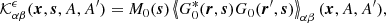 $$ \begin{aligned} \mathcal{K} _{\alpha \beta }^\epsilon&(\boldsymbol{x},\boldsymbol{s}, A, A^{\prime }) =M_0(\boldsymbol{s}) \left\langle \!\left\langle G_0^*(\boldsymbol{r},\boldsymbol{s}) G_0(\boldsymbol{r}^{\prime },\boldsymbol{s}) \right\rangle \!\right\rangle _{\alpha \beta }(\boldsymbol{x},A,A^{\prime }), \end{aligned} $$