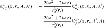 $$ \begin{aligned} \mathcal{K} ^c_{\alpha \beta } (\boldsymbol{x},\boldsymbol{r}_{\rm \! s},A, A^{\prime })=&- \frac{2 (\omega ^2-2\mathrm{i}\omega \gamma )}{c_0^3(\boldsymbol{r}_{\rm \! s})} \mathcal{K} ^{k}_{\alpha \beta }(\boldsymbol{x},\boldsymbol{r}_{\rm \! s},A, A^{\prime }) \nonumber \\&-\frac{2 (\omega ^2+2\mathrm{i}\omega \gamma )}{c_0^3(\boldsymbol{r}_{\rm \! s})} \mathcal{K} ^{k*}_{\beta \alpha }(\boldsymbol{x},\boldsymbol{r}_{\rm \! s},A^{\prime }, A) . \end{aligned} $$
