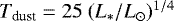 $T_{\textrm{dust}}=25\ (L_*/L_{\odot})^{1/4}$