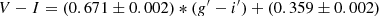 $$ \begin{aligned} V-I = (0.671 \pm 0.002)*(g^\prime -i^\prime ) + (0.359 \pm 0.002) \end{aligned} $$