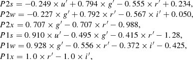 $$ \begin{aligned} \begin{array}{l} P2s = -0.249\times u^\prime + 0.794 \times g^\prime - 0.555 \times r^\prime + 0.234, \\ P2w = -0.227\times g^\prime + 0.792 \times r^\prime - 0.567 \times i^\prime + 0.050, \\ P2x = 0.707\times g^\prime - 0.707 \times r^\prime -0.988, \\ P1s = 0.910\times u^\prime - 0.495 \times g^\prime - 0.415 \times r^\prime - 1.28, \\ P1w = 0.928\times g^\prime - 0.556 \times r^\prime - 0.372 \times i^\prime - 0.425, \\ P1x = 1.0\times r^\prime - 1.0 \times i^\prime , \end{array} \end{aligned} $$