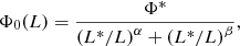 $$ \begin{aligned} \Phi _{0} ({L}) = \dfrac{\Phi ^{*}}{\left({L}^{*}/{L}\right)^{\alpha } + \left({L}^{*}/{L}\right)^{\beta }}, \end{aligned} $$