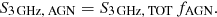 $$ \begin{aligned} {S}_{3\,{\text{GHz,} \text{ AGN}}}= {S}_{3\,{\text{GHz,} \text{ TOT}}}\,{f}_{\text{AGN}}. \end{aligned} $$