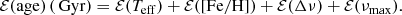 $$ \begin{aligned} {\mathcal{E} }(\mathrm{age}) \, (\mathrm{\,Gyr}) = {\mathcal{E} }(T_{\rm eff}) + {\mathcal{E} }(\mathrm{[Fe/H]}) + {\mathcal{E} }(\Delta \nu ) + {\mathcal{E} }(\nu _{\rm max}). \end{aligned} $$