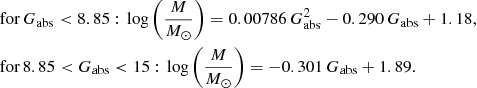 $$ \begin{aligned}&\text{ for}\, G_{\rm abs} < 8.85:\,\log \left(\frac{M}{M_{\odot }}\right) = 0.00786\,G_{\rm abs}^{2} -0.290\,G_{\rm abs} + 1.18, \nonumber \\&\text{ for}\, 8.85 < G_{\rm abs} < 15: \,\log \left(\frac{M}{M_{\odot }}\right) = -0.301\,G_{\rm abs} + 1.89. \end{aligned} $$